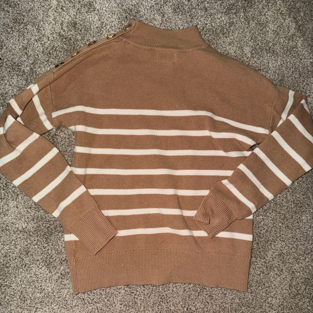 Nicole Miller Tan and White Striped Turtleneck Sweater